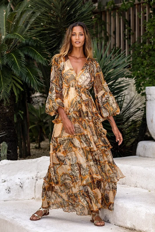 Ruffle Tiered Maxi Dress in Brown/Beige Comfortable Plunging Neckline Maxi Dress