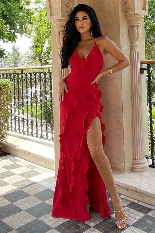 Run The World | Red Plunge Neckline Ruffle Maxi Dress Chic Summer Maxi Dress