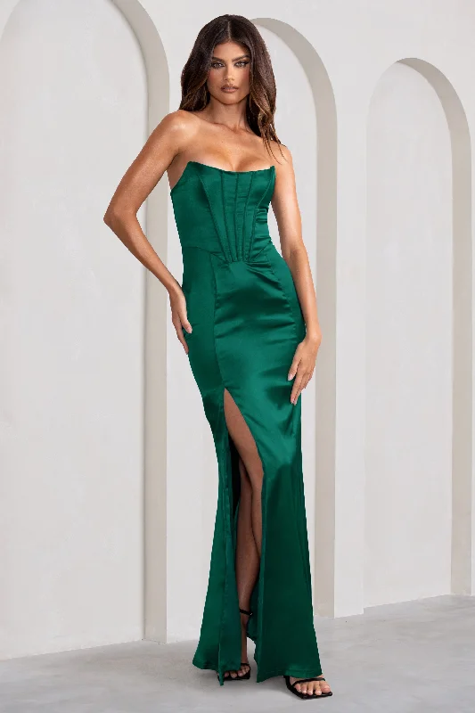 Sensual Notes | Bottle Green Satin Strapless Corset Thigh Split Fishtail Maxi Dress Stylish A-Line Maxi Dress Sensual Notes | Bottle Green Satin Strapless Corset Thigh Split Fishtail Maxi Dress Stylish A-Line Maxi Dress
