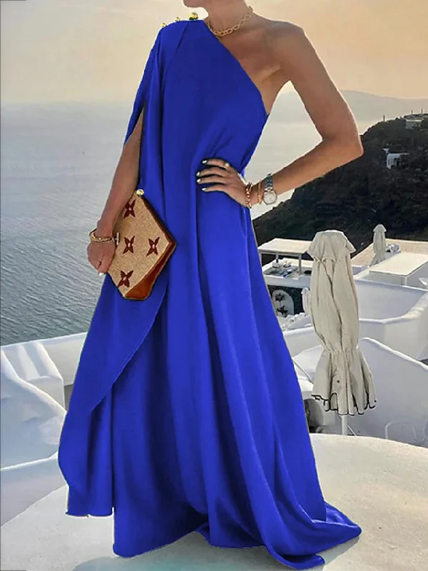 Zjkrl - Simple Asymmetric Solid Color One-Shoulder Maxi Dresses Comfortable Pleated Maxi Dress