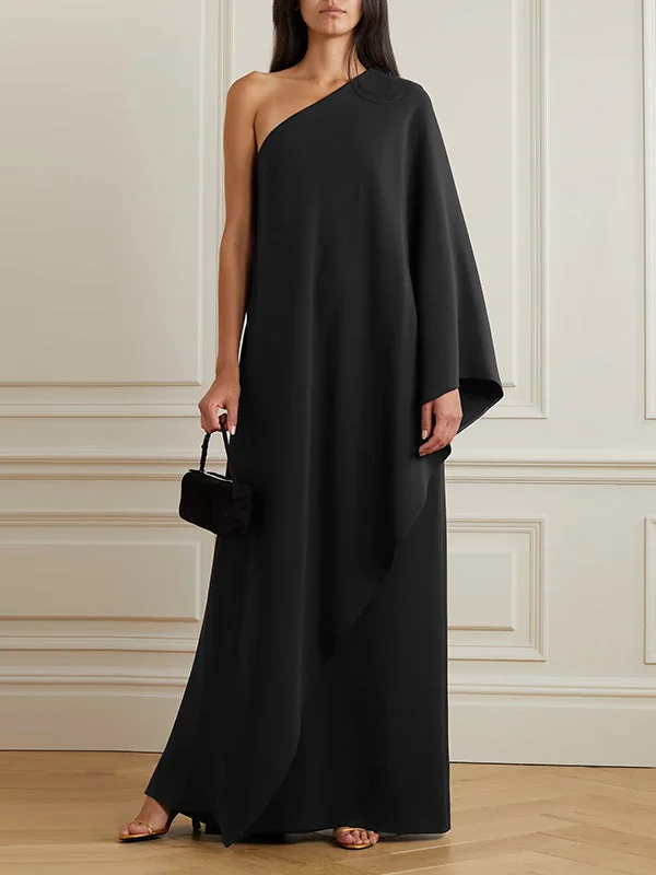 Zjkrl - Simple Asymmetric Solid Color One-Shoulder Maxi Dresses Comfortable Fit-and-Flare Maxi Dress Zjkrl - Simple Asymmetric Solid Color One-Shoulder Maxi Dresses Comfortable Fit-and-Flare Maxi Dress