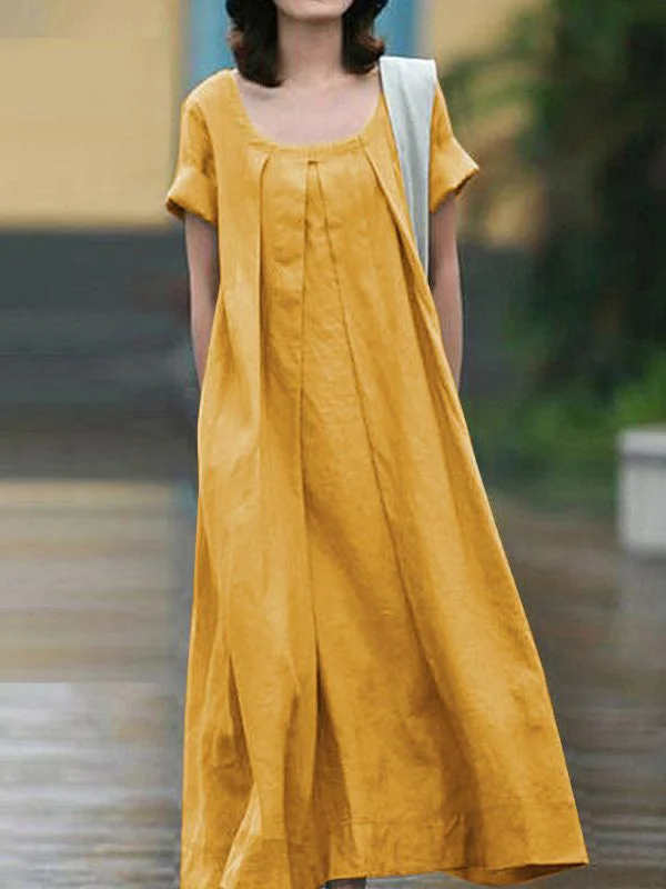 Zjkrl - Simple Solid Color U-Neck Pleated Short Sleeves Maxi Dress Classic Strapless Maxi Dress