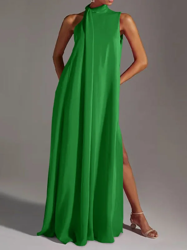 Zjkrl - Sleeveless Solid Color Split-Side Round-Neck Maxi Dresses Stylish Off-Shoulder Maxi Dress