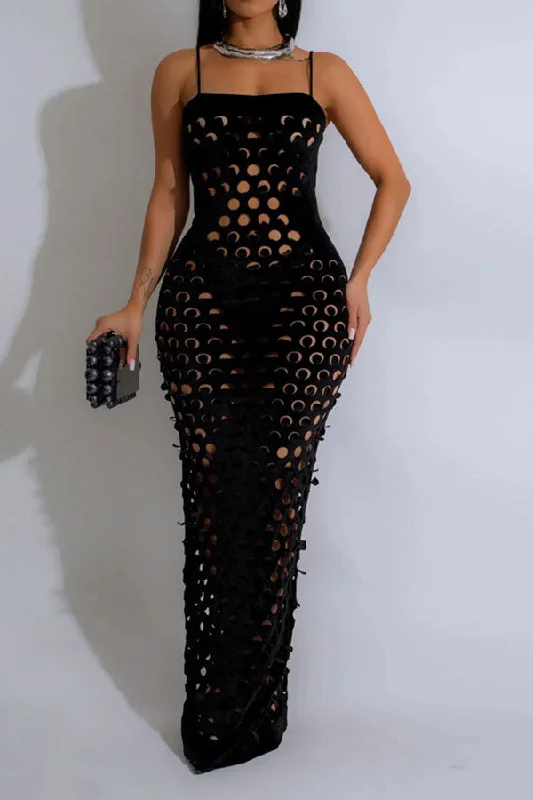 Solid Color Burn-Out Flattering Spaghetti Strap Maxi Dress Cozy Knit Maxi Dress