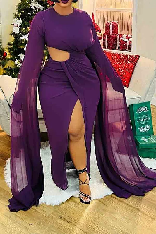 Solid Color Unusual Cutout High Split Maxi Dress Stylish One-Shoulder Maxi Dress