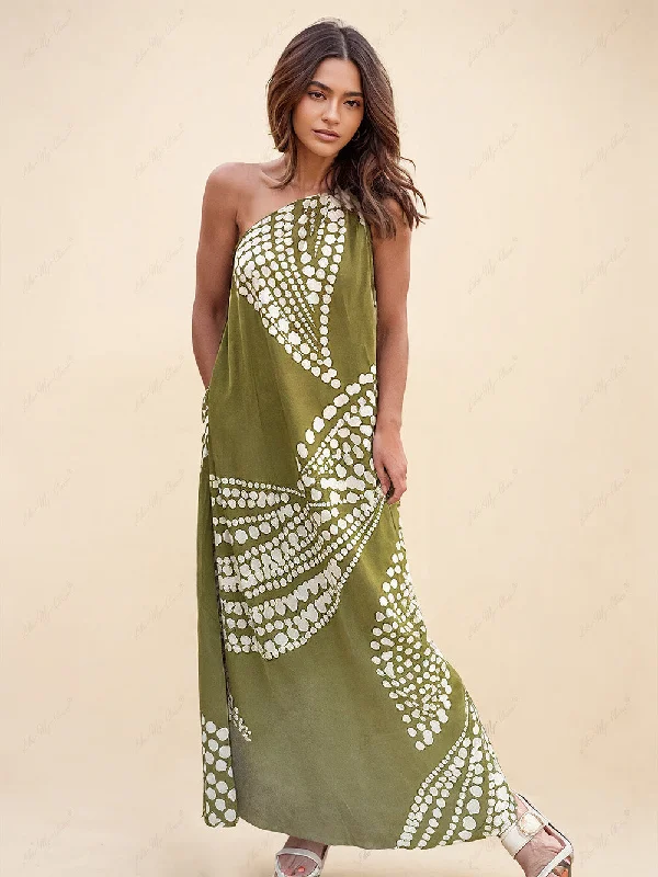 Unique Polka Dot Print Graceful One Shoulder Pocketed Maxi Dress Elegant Maxi Dress with Drapes Unique Polka Dot Print Graceful One Shoulder Pocketed Maxi Dress Elegant Maxi Dress with Drapes