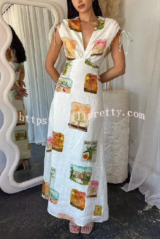 Art Summer Linen Blend Unique Print Drawstring Shoulder Loose Maxi Dress Fashionable High-Waist Maxi Dress Art Summer Linen Blend Unique Print Drawstring Shoulder Loose Maxi Dress Fashionable High-Waist Maxi Dress