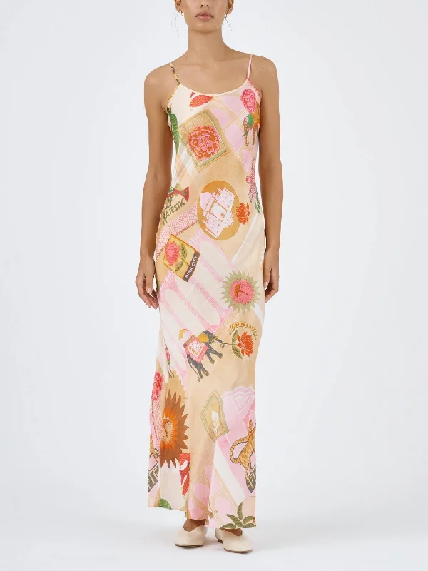 Unique Satin Print Charming Casual Suspender Maxi Dress Elegant Pleated Maxi Dress