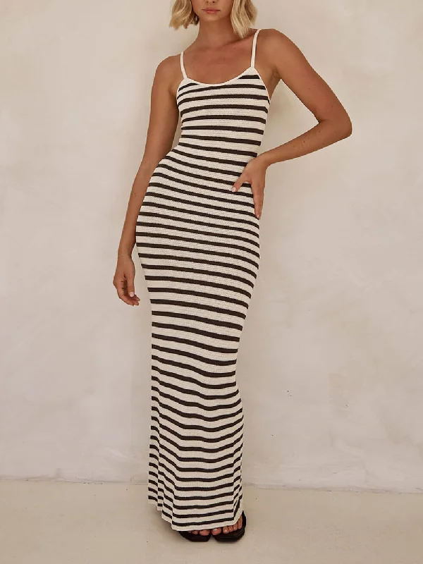 Unique Striped Patchwork Charming Knit Maxi Dress Fashionable High-Waist Maxi Dress