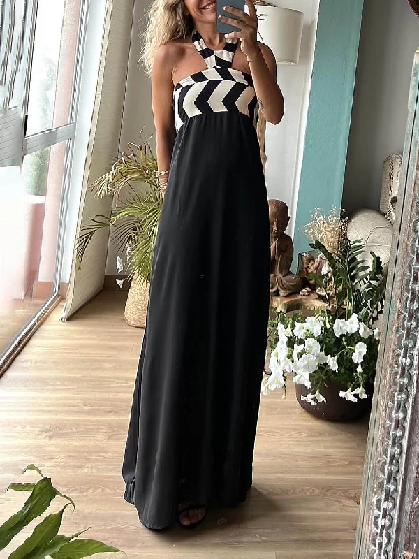 Unique Striped Print Charming Loose Halterneck Maxi Dress Trendy Maxi Dress with Straps Unique Striped Print Charming Loose Halterneck Maxi Dress Trendy Maxi Dress with Straps