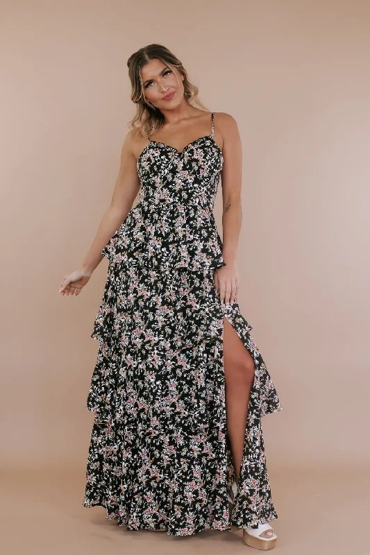Fierce In Floral Tiered Maxi Dress, Black Stylish Off-Shoulder Maxi Dress