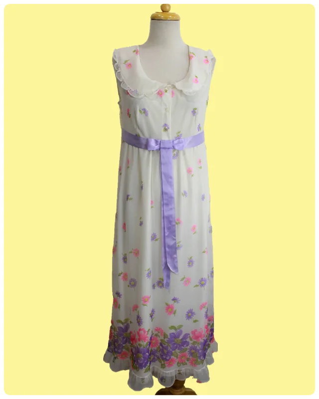 Vintage 1960s/70s White Chiffon with Lilac and Pink Floral Print Maxi Dress, Med Comfortable Ruffle Hem Maxi Dress Vintage 1960s/70s White Chiffon with Lilac and Pink Floral Print Maxi Dress, Med Comfortable Ruffle Hem Maxi Dress