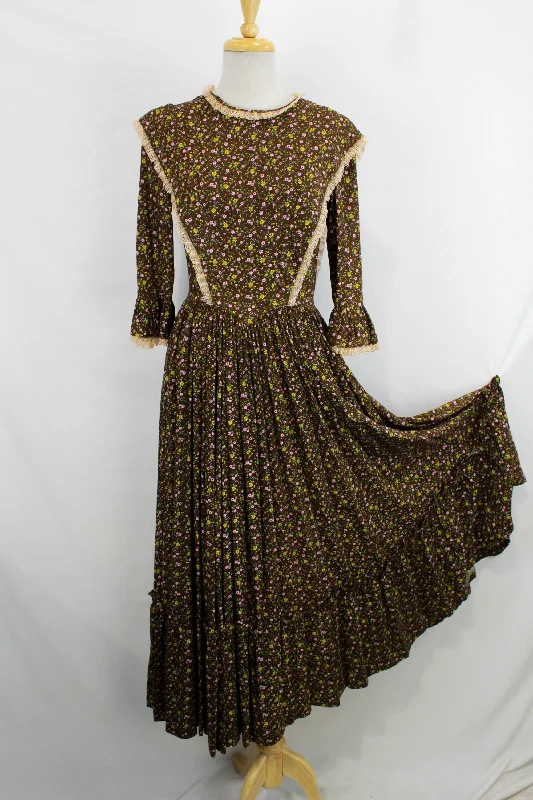 Vintage 1960s Brown Floral Prairie Dress and Bonnet, 1967 Centennial Maxi Dress Elegant Maxi Dress with Slit Vintage 1960s Brown Floral Prairie Dress and Bonnet, 1967 Centennial Maxi Dress Elegant Maxi Dress with Slit