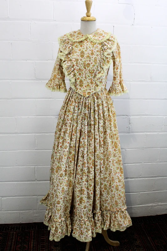 Vintage 1960s Floral Prairie Maxi Dress with Peter Pan Collar, Small Cozy Knitted Maxi Dress Vintage 1960s Floral Prairie Maxi Dress with Peter Pan Collar, Small Cozy Knitted Maxi Dress