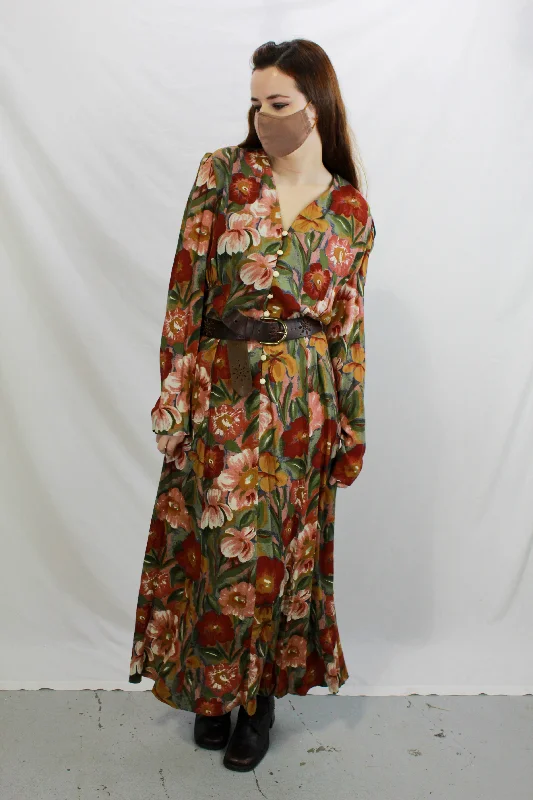 Vintage 1990s Deadstock Floral Rayon Maxi Dress, Medium Trendy Ruffled Maxi Dress