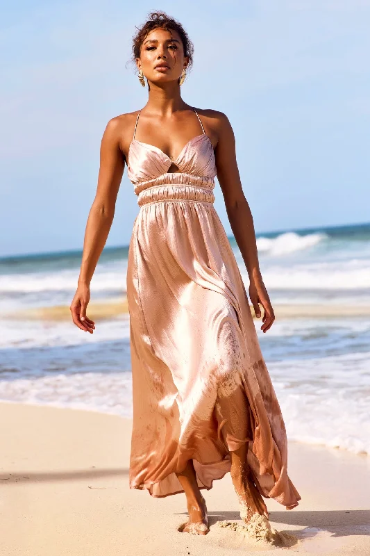 Way To You Maxi Dress - Champagne Trendy Satin Maxi Dress