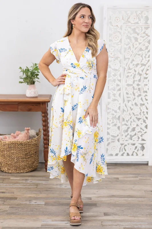 White and Yellow Floral High Low Maxi Dress Fashionable Chiffon Maxi Dress