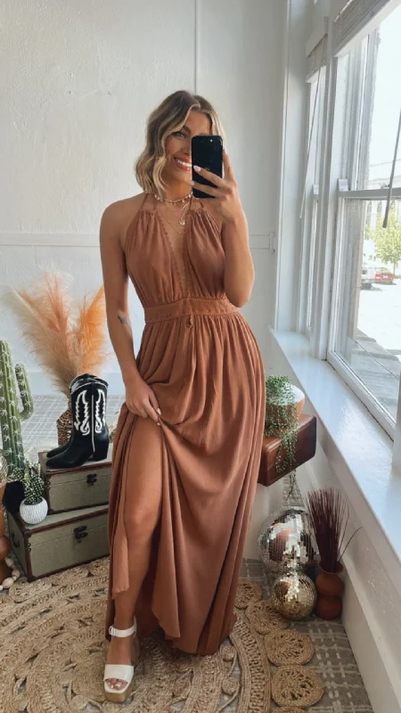 Lace Trim Halter Maxi Dress, Hazelnut Comfortable Ruffle Maxi Dress