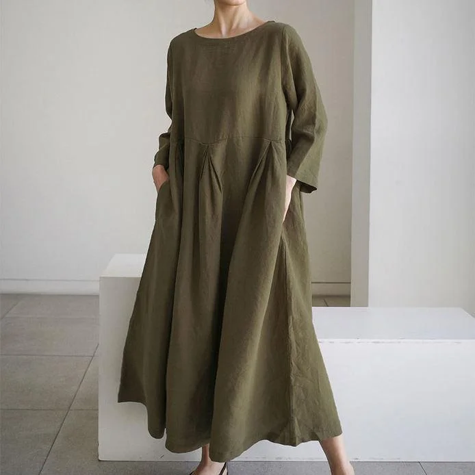Women's Summer Cotton Linen Maxi Dress Comfortable Plunging Neckline Maxi Dress