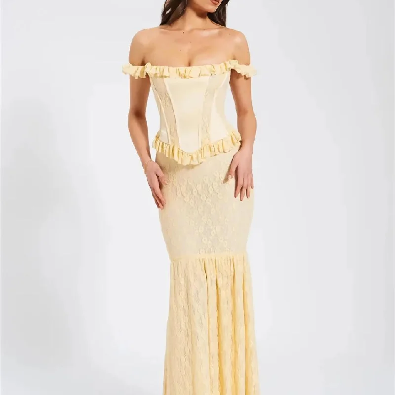 Yellow Satin Off-Shoulder Lace Corset Maxi Dress – Elegant Backless Bodycon Gown for Party Casual Maxi Dress with Pockets
