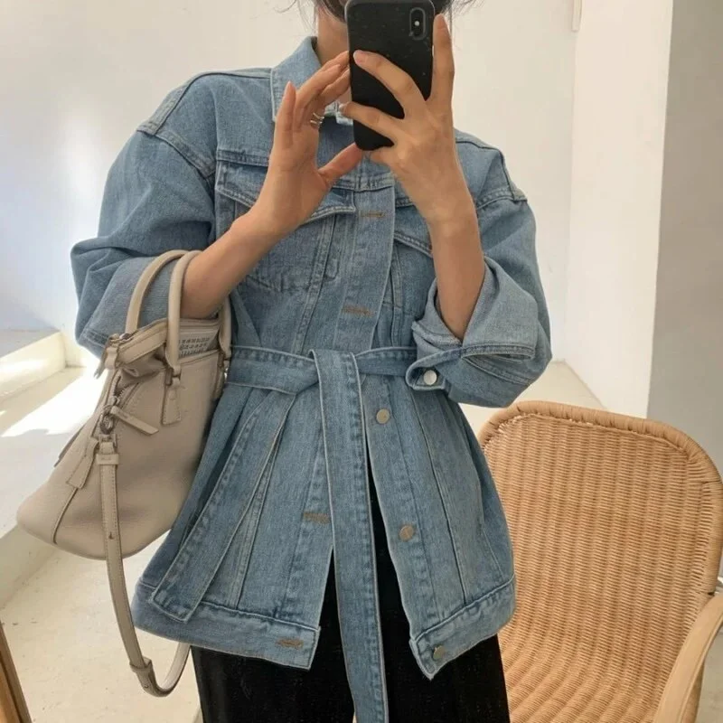 Getadme-Summer New Korean Fashion Chic Denim Jackets for Women Sashes Loose Jeans Coat Female Casual Vintage Y2k Blue Ladies Coats Fitted Jacket Loose Jacket Oversized Jacket