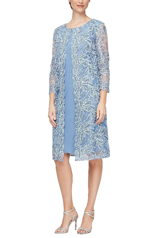 Alex Evenings boat neck 3/4 sleeve matte jersey dress with stretch mesh floral embroidered jacket Nylon Fabric Polyester Fabric Spandex Fabric