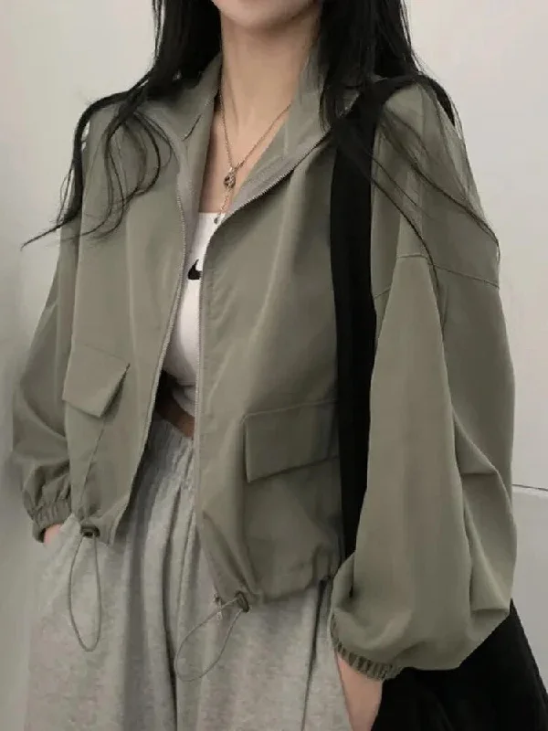 Getadme-Autumn Bomber Jacket Women Vintage Short Baseball Coat Female Korean Fashion Zipper Outerwear Lady Casual Loose All-Match Jacket Faux Fur Jacket Real Fur Jacket Shearling Jacket