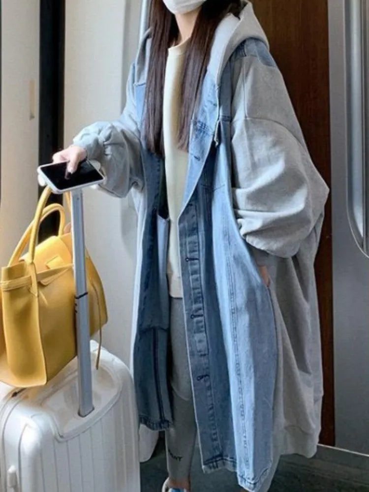 Getadme-Autumn Winter Jackets for Women  Hooded Single Breasted Patchwork Denim Jacket Long Windbreaker Trench Coat Women Clothing Fleece Jacket Down Jacket Feather Jacket