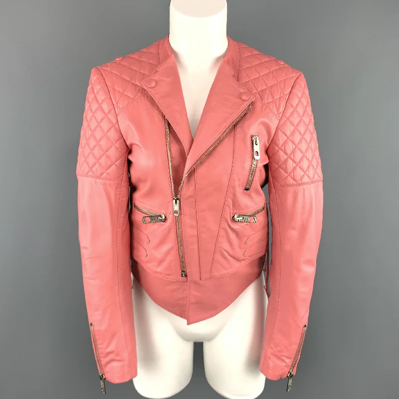 BALENCIAGA Size 6 Pink Quilted Leather Moto Biker Jacket Wool Fabric Cashmere Fabric Tweed Fabric