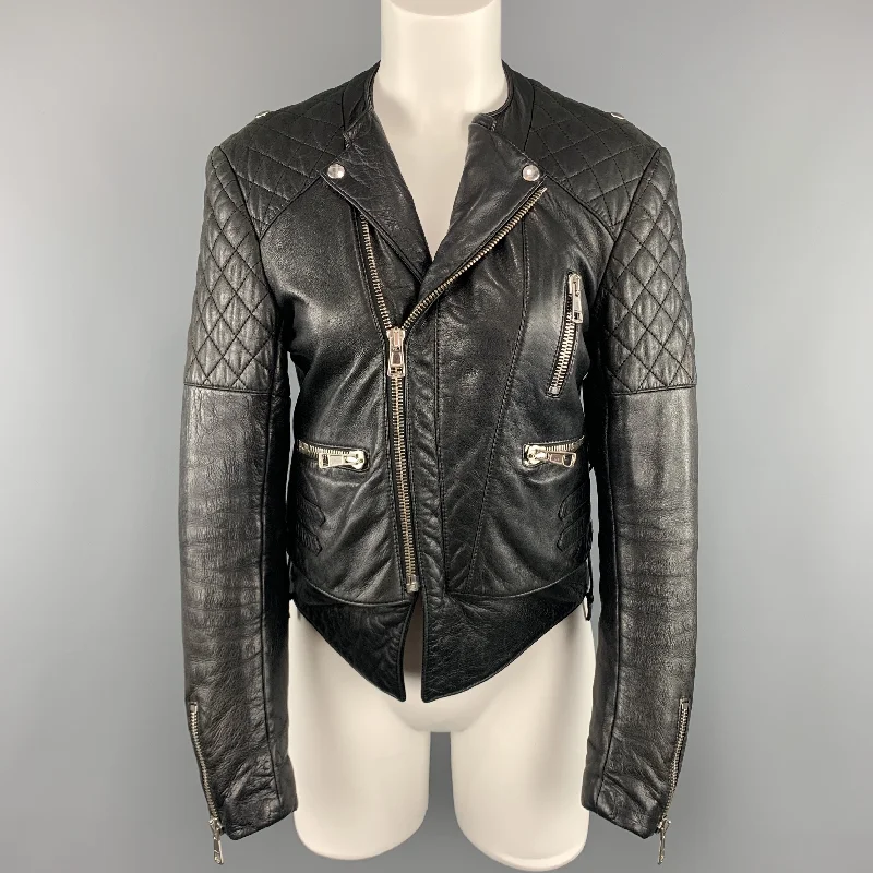 BALENCIAGA Size 8 Black Quilted Leather Biker Moto Jacket Lace Jacket Ribbed Jacket Sequined Jacket