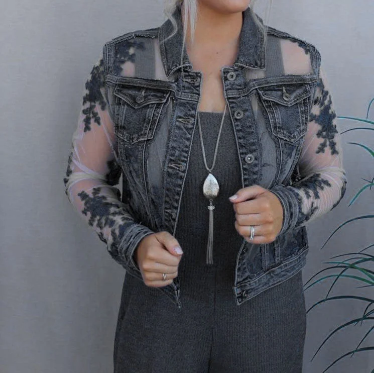 Denim Lace Jacket- CS20114- BLK Knit Fabric Woven Fabric Fleece Fabric