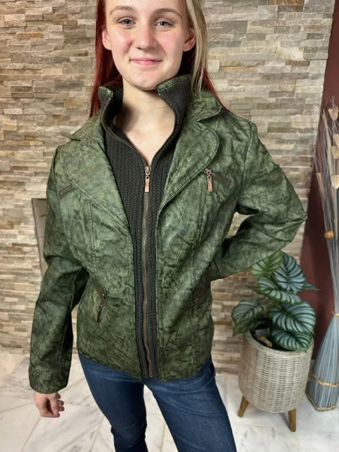 Women's Faux leather Jacket-BF1701-WGRN/OLIVE Knit Fabric Woven Fabric Fleece Fabric Women's Faux leather Jacket-BF1701-WGRN/OLIVE Knit Fabric Woven Fabric Fleece Fabric