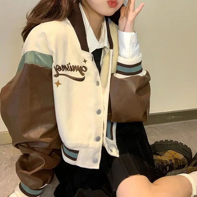 Getadme-Y2k Harajuku Cropped Leather Jackets Oversized Coat Baseball Jacket Women Korean Fashion Streetwear Letter Print Sweet Quilted Jacket Puffer Jacket Insulated Jacket