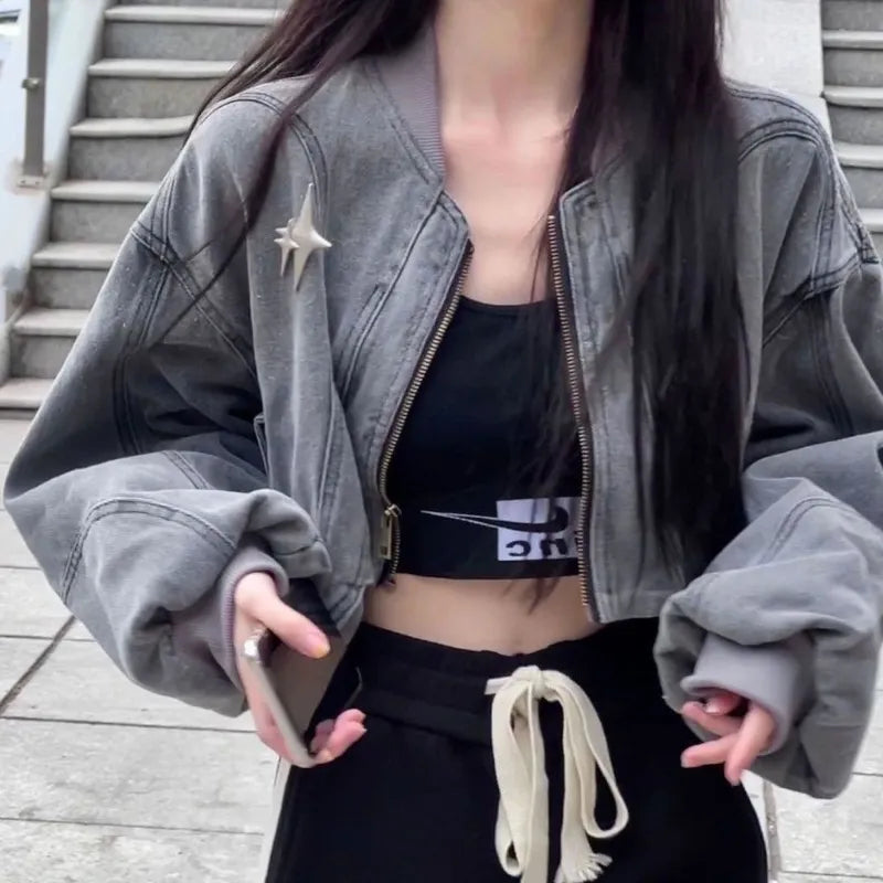 Getadme Y2k Grunge Cross Crop Grey Denim Jackets Women Hippie Streetwear 90s Oversize Zip Jackets Harajuku Kpop Coat Female Zippered Front Buttoned Front Snap Front