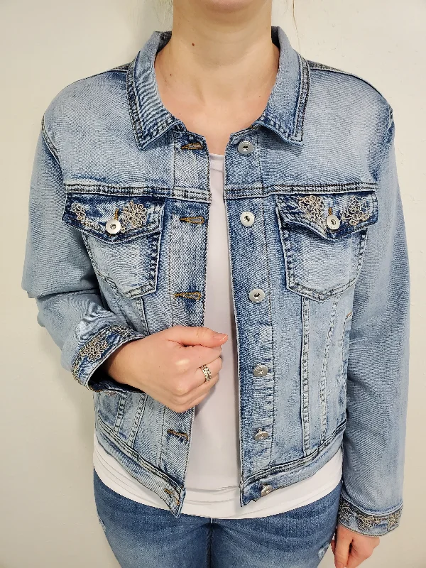EMBROIDERED DETAIL DENIM JACKET - LIGHT WASH Faux Fur Fabric Real Fur Fabric Shearling Fabric