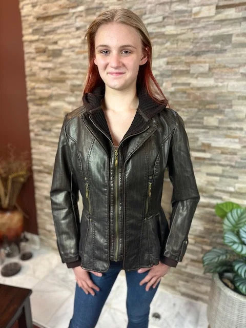 Faux leather Jacket with knit Cap - (801108)-BRN/CHOCO Hoodie Zip-Up Jacket Button-Up Jacket