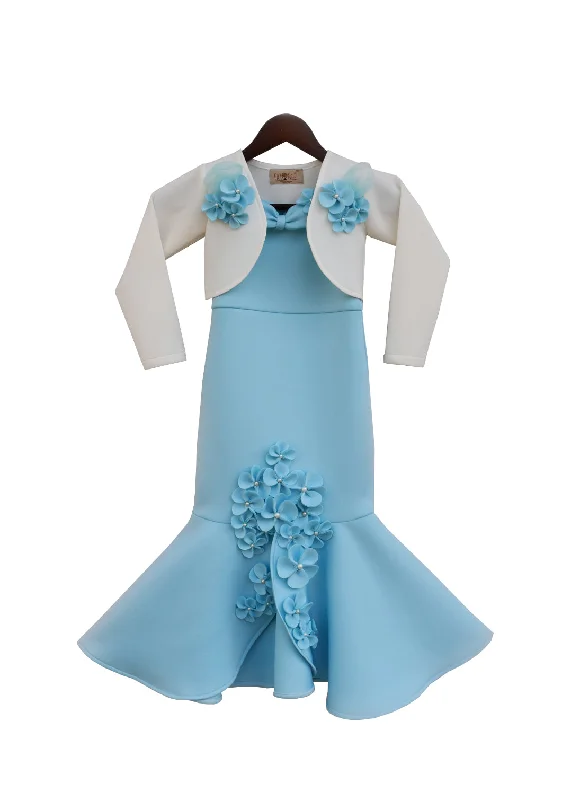 Girls Blue Neoprene Fish Cut Dress With Jacket Striped Jacket Polka Dot Jacket Floral Jacket