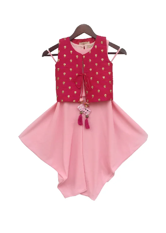 Girls Pink Top And Dhoti With Hot Pink Jacket Zippered Jacket Buttoned Jacket Snapped Jacket