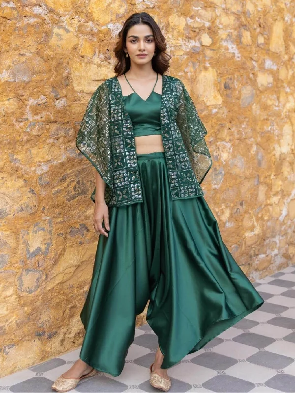Green Satin Coord Set with Embellished Organza Jacket Anorak Shell Jacket Lightweight Jacket