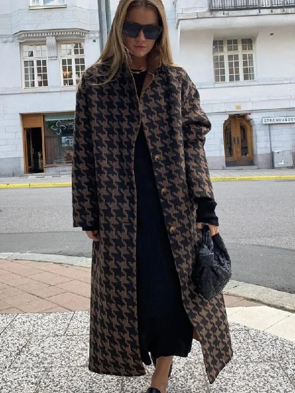 Houndstooth Printed Long Coat Winter Women Woolen Lapel Single Breasted Fashion Jacket Female Long Sleeve Autumn Outerwear 2023 Print Jacket Jacquard Jacket Embroidered Jacket