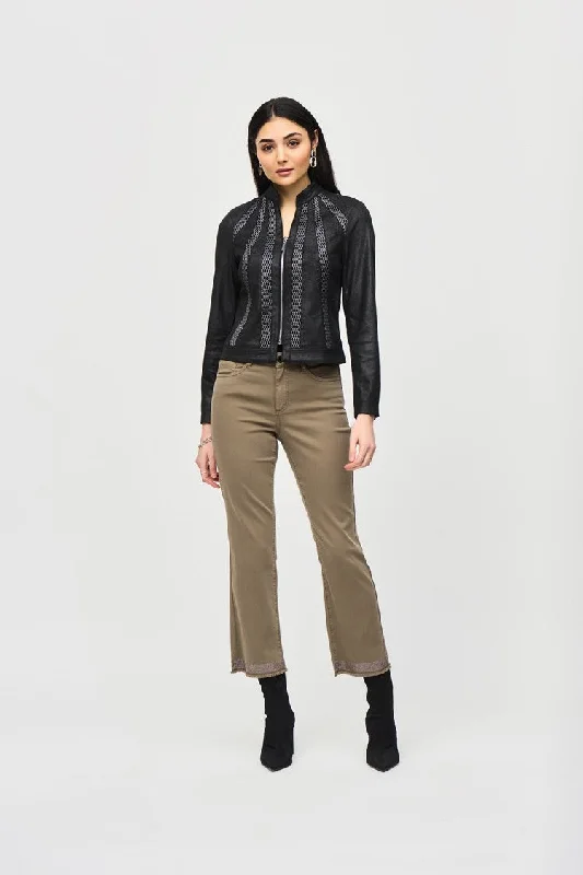 Joseph Ribkoff Black/Silver Faux Suede Jacket With Metallic Mesh Detailing Satin Fabric Silk Fabric Chiffon Fabric