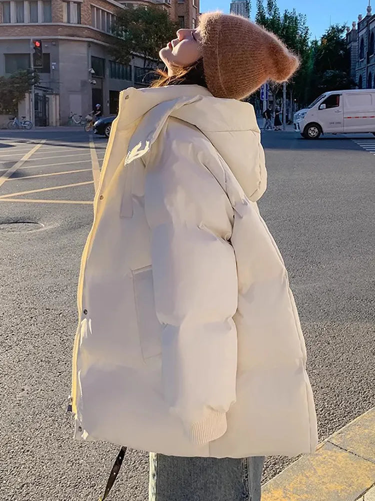 Korean Winter Parka Women's Jackets Solid Color Coat For Fashion Warm Big Pocket Hooded Loose Female Casual Parkas abrigo mujer Faux Fur Fabric Real Fur Fabric Shearling Fabric