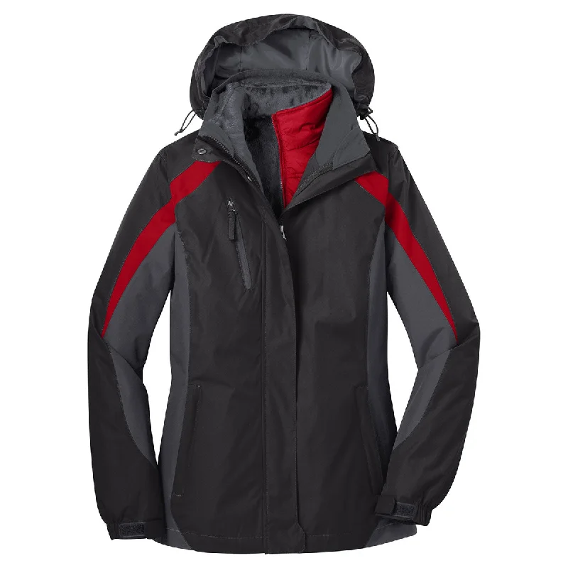 Port Authority Women's Black/Magnet Grey/Signal Red Colorblock 3-in-1 Jacket Zip Front Button Front Snap Front