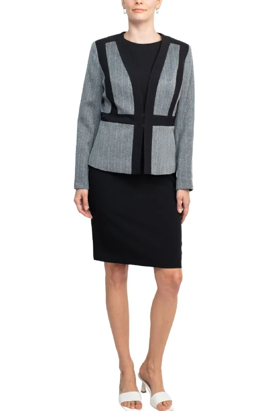 Le Suit Boat Neck Sleeveless Solid Zipper Back Short Crepe Dress with Melange Herringbone Framed Cardi Jacket  (Two Piece) Zippered Front Buttoned Front Snap Front