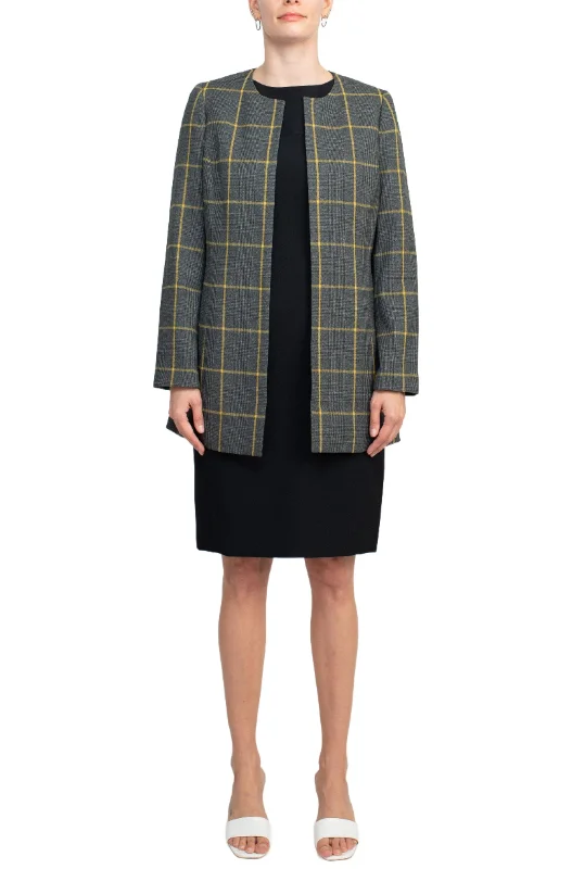 Le Suit Boat Neck Sleeveless Zipper Back Crepe Dress with Crew Neck Long Sleeve Large Windowpane Pattern Jacket (Two Piece Set) Notch Collar Jacket Peter Pan Collar Jacket Cowl Neck Jacket