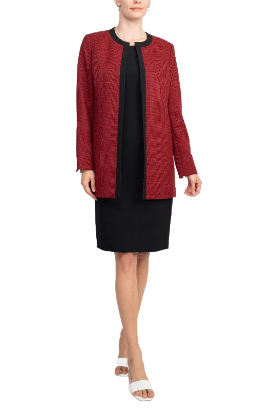 Le Suit Scoop Neck Sleeveless Zipper Back Slit Back Dress with Crew Neck Slit Cuff Banded Pockets Jacket (Two Piece Set) Appliqued Jacket Beaded Jacket Sequined Jacket