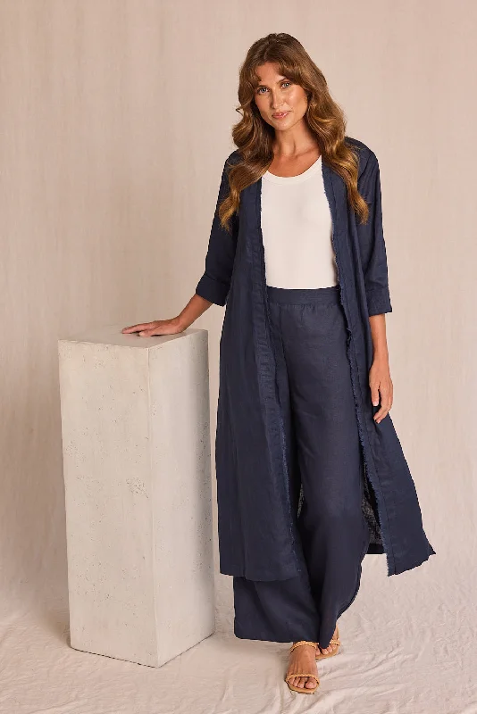 Long Line Fringed Linen Duster Jacket in Navy Embroidered Jacket Appliqued Jacket Beaded Jacket Long Line Fringed Linen Duster Jacket in Navy Embroidered Jacket Appliqued Jacket Beaded Jacket