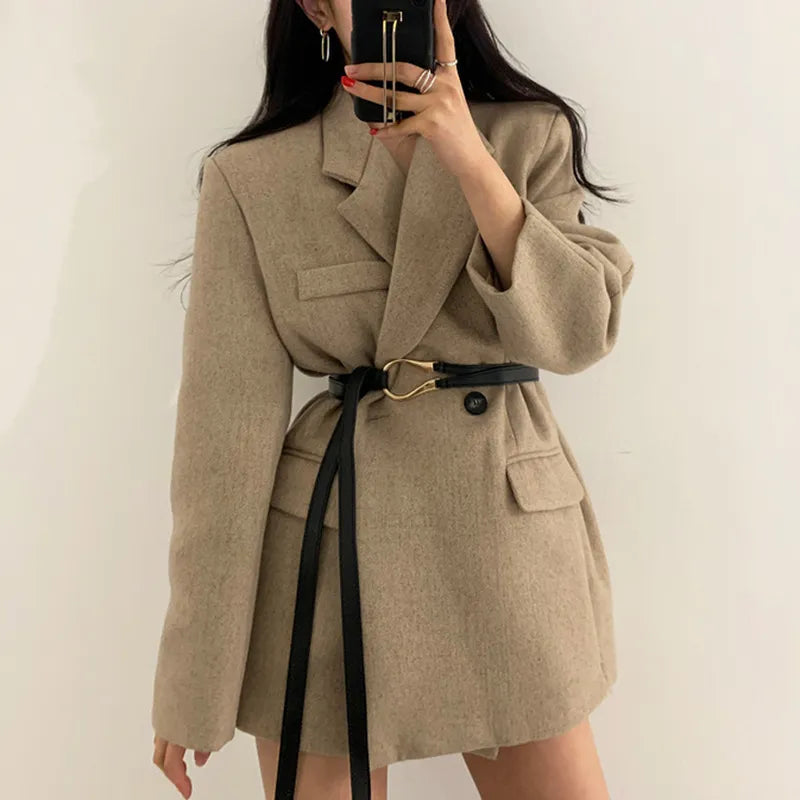 Long Sleeve Thick Turn-down Collar Double Breasted Minimalist Korean Ladies Jacket Women Autumn Winter Short Coat with Belt Chenille Fabric Brocade Fabric Lace Fabric
