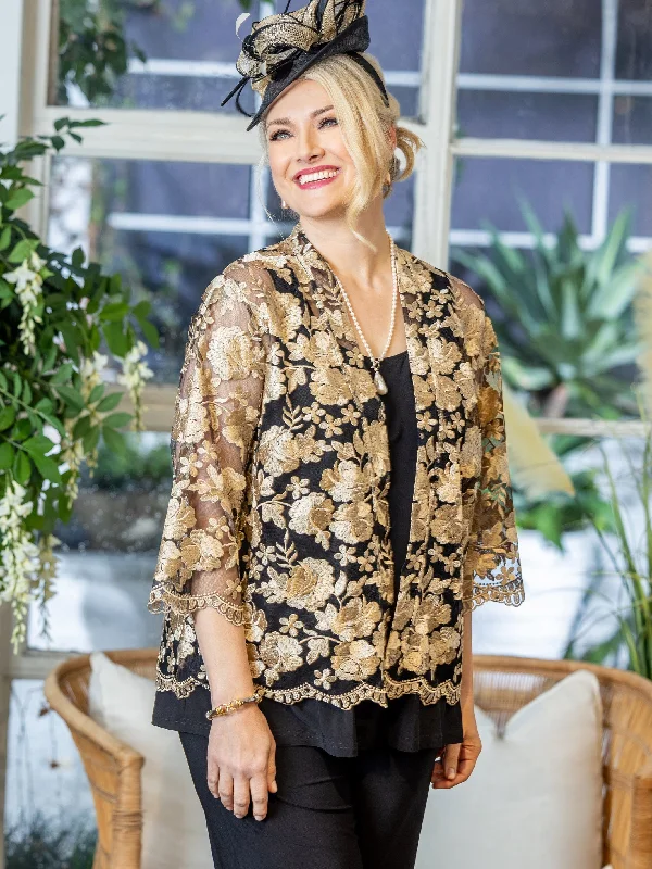 Golden Lace Collarless Evening Jacket Wool Jacket Cashmere Jacket Tweed Jacket