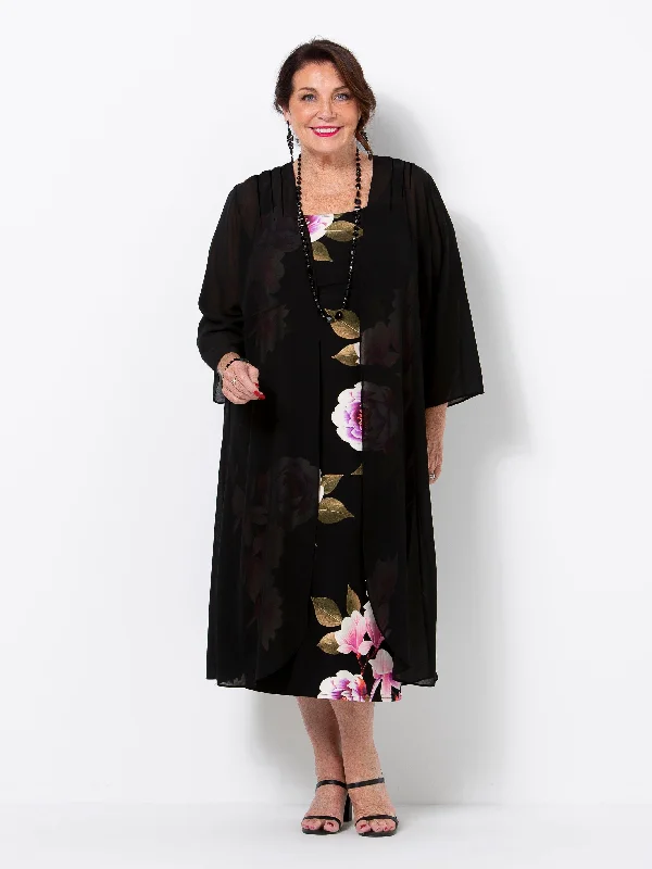 Black Georgette Evening Jacket A-Line Jacket Boat Neck Shawl Collar